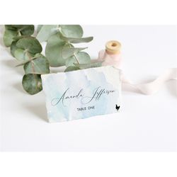 Blue Watercolor Place Cards, EDITABLE Template, Printable Place Card, Boho Seating Name Card, Modern Bridal, Baby Shower