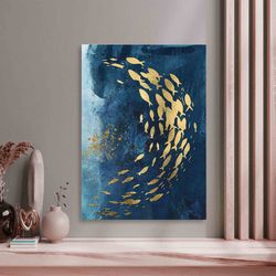 koi fish abstract gold ocean watercolor original luxury acrylic painting on canvas navy blue large framed wall art room