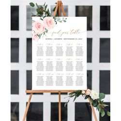 Blush Pink Flowers Wedding Seating Chart, EDITABLE Template, Boho Rose Flowers and Gold Wedding Table Poster, DIY Printa
