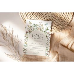 Butterfly Love is in Bloom Bridal Shower Invitation, EDITABLE Printable Wildflowers Bridal Brunch Template, Boho Meadow