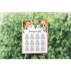 Citrus Seating Chart, EDITABLE Template, Orange Flowers Table Poster, DIY Rustic Printable Sign, Summer Floral Seating P