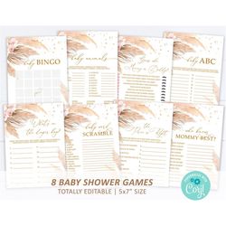 Pampas Grass Baby Shower Game Set, EDITABLE Template, Bohemian Floral Bundle, Boho Blush Pink Flowers & Gold Glitter Pri