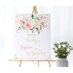 Blush Pink Floral Baptism and Baby's First Birthday Welcome Sign, EDITABLE Template, Rose Flowers Large Poster, Gold Gli