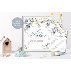 blue & white flowers wishes for baby sign and note cards, editable, boho printable shower activity, wildflower boy brunc