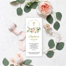 Baptism Bookmark Template, EDITABLE, Blush Pink Floral Bookmark Keepsake, Printable Christening Favors, Gold Glitter, In