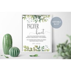 Greenery Pacifier Hunt Sign, EDITABLE, Printable Template, Green Leaves Find The Pacifier Game, Neutral Floral Baby Brun