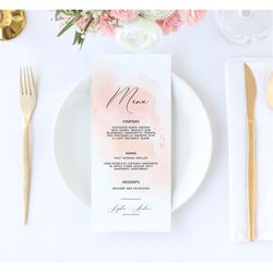 Blush Wedding Menu, EDITABLE Template, Printable Watercolor Menu Card, Simple, Modern Wedding Menu, Calligraphy, Shower,