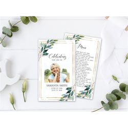 Greenery Funeral Prayer Card, EDITABLE, Printable Memorial Prayer Card Template, Catholic Mass Card, green Leaf Obituary