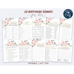 Blush Pink Flowers & Gold Frame Birthday Games for Her Set, EDITABLE Template, Elegant Women Birthday Games for Adults,