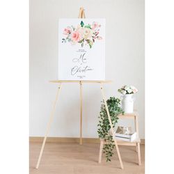 Wedding Welcome Sign, EDITABLE Template, Blush Pink Flowers, Boho Printable Floral Script Poster, Calligraphy, Cream Ros