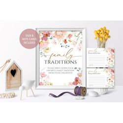 Family Traditions Sign and Note Cards, Editabel Wildflower Share Your Favorite Family Traditions, Printable Floral Write