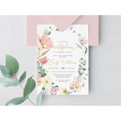 Wildflower Boho Baby Shower Invitation, EDITABLE Template, Floral Printable Girl Invite, Pink & Red Floral Brunch Card,
