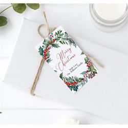 Christmas Wreath Tag, EDITABLE Template, Printable Holly Christmas Gift Tags, Personalized Holiday Tags, DIY Feast, Joyf