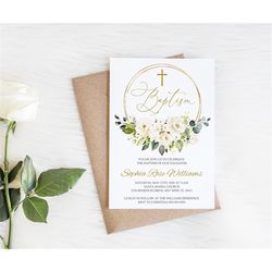 Floral Baptism Invitation, EDITABLE Template, White Flowers Printable Religious Invite, Greenery Dedication, Gold, Neutr