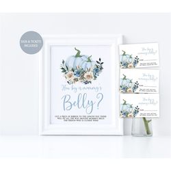 Blue Pumpkin How Big is Mommy's Belly Game, Printable Baby Shower Game Sign and Answer Cards, Fall Autumn Flowers, Ivory