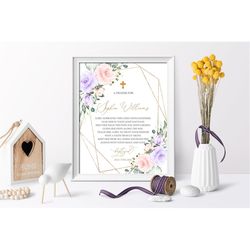 Blush Pink & Violet Flowers Baptism Prayer Sign, EDITABLE Template, Personalized Prayer Card, Rose Flowers Printable Chr