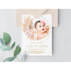Pampas Grass Baby's First Birthday Party Invitation, EDITABLE Template, Floral Wreath Printable 1st Birthday Invite, Gir