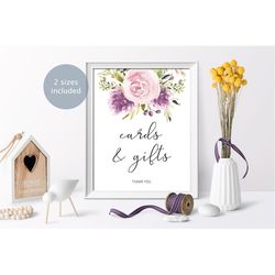 Lavender Cards & Gifts Sign, Boho Printable Bridal Shower, Greenery Floral Baby Brunch Sign Template, Blush Pink and Pur