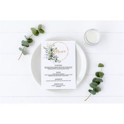Greenery Menu, EDITABLE, Printable Floral Wedding Menu Template, Green & Gold Bridal Brunch, Foliage Baby Shower, Leaves