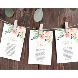 Floral Seating Chart Small Pages, EDITABLE Template, Blush Pink Flowers Find Your Seat Cards, Greenery DIY Printable Pla