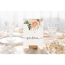Peach Rose Table Numbers, EDITABLE Template, Printable Greenery Floral Seating Cards, Blush Pink Boho Flowers Bridal Bru