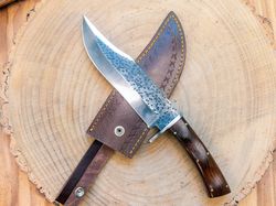 Bowie Hunting Knife 5160 Steel / Rustic Blade Finishing / Wood Handle / Leather Sheath