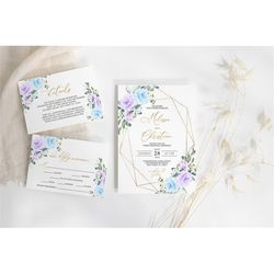 Blue & Purple Flowers Wedding Invitation Set, EDITABLE Printable Boho Floral and Gold Frame Wedding Invite Template, RSV