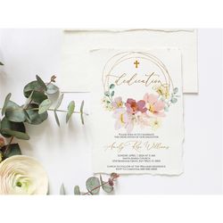 wildflowers dedication invitation, editable template, printable photo blush & red flowers invite, pink girl dedication,