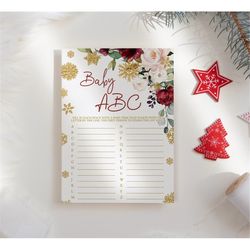Christmas Baby ABC Shower Game, Printable Gold Snowflakes & Burgundy Rose Baby Brunch Game, Winter Baby Alphabet Game, E