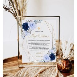 Navy Blue Rose & Gold Baptism Prayer Sign, EDITABLE Template, Floral Personalized Prayer Card, Flowers Printable Christe