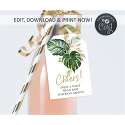 Greenery Baby Shower Wine Tags Template, Tropical - 100 Editable Champagne Bottle Tag, 2x3', Cheers, Printable Bottle Ta