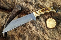 handmade 13 inch long damascus steel seax knife hunting knife with ram horn handle and leather sheath