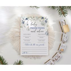 Winter Baby Predictions & Advice Game, EDITABLE, Printable Baby Brunch Activities, Neutral Shower Template, Floral Blue,