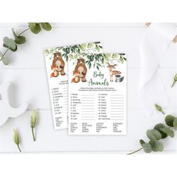 woodland baby animals game, editable, printable brunch activities, greenery shower template, neutral name the baby anima