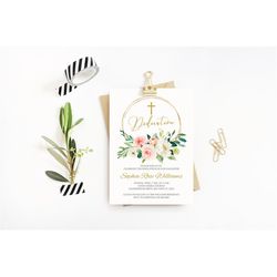 Floral Dedication Invitation, EDITABLE Template, Printable Blush Pink & White Flowers Invite, Pink Girl Dedication Card,