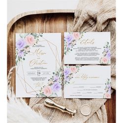 Blush Pink & Violet Flowers Wedding Invitation Set, EDITABLE Printable Boho Floral and Gold Frame Wedding Template, RSVP