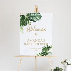Tropical Welcome Sign, EDITABLE, Greenery Baby Shower, Green Leaf Bridal Brunch, Printable Large Wedding Poster, Wedding