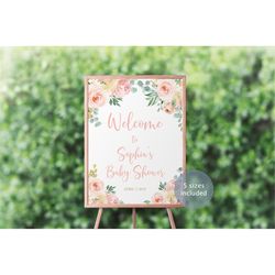 Editable Baby Shower Welcome Sign, Blush Pink and Gold Birthday Poster, Boho Printable Template, Girl Floral Baptism, IN