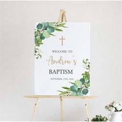 Greenery Baptism Welcome Sign, EDITABLE, Green and Gold Christening Poster, Floral Printable Template, Neutral Communion