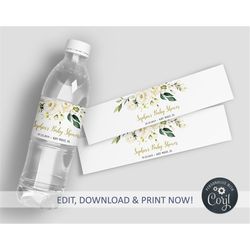 EDITABLE White Flowers Bottle Label, Water Labels Printable Birthday Template, Baby Shower Label, Custom Water Bottle La