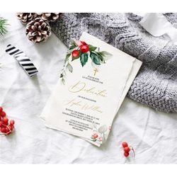 Christmas Baby Dedication Invitation, EDITABLE Template, Printable Watercolor Neutral Floral First Communion Invite, Win