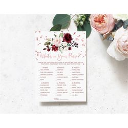 Marsala & Rose Gold What's in Your Purse Game, EDITABLE, Printable Baby Brunch, Boho Floral Shower Template, Burgundy an
