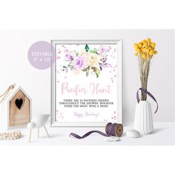 Lavender Cream Pacifier Hunt Sign, EDITABLE, Printable Boho Template, Purple Floral Find The Pacifier Game, Girl Rose Fl