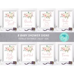 blush pink baby shower sign pack, editable, custom package bundle, printable sprinkle tea sign 8x10, floral girl brunch