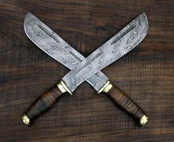 Beautiful Unique style Custom Handmade Damascus Steel Hunting Machete Knife , leather sheath , fathers day gift , chris
