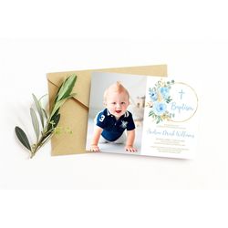 Blue Floral Baptism Invitation, EDITABLE Template, Blue Rose Flowers Printable Christening Invite, Boy Dedication Photo