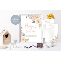 prayers for baby sign and note cards, blush pink flowers and gold prayer for the baby, floral sign & advice cards, girl,