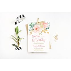 Blush Pink Floral Baptism and Baby's First Birthday Invitation, EDITABLE Template, Printable 1st Birthday Invite, Boho B