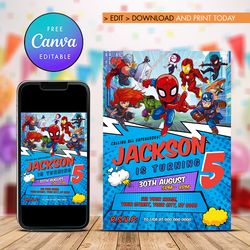 Superheroes Birthday Invitation, ANY AGE Birthday Superheroes Invitation Comic style Canva Editable Instant Download