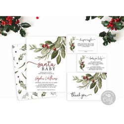 Santa Baby Winter Baby Shower Invitation Set, EDITABLE Template, Printable Christmas Green Leaf Event Pack, Holiday Baby